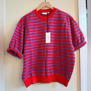 Clare V SHORT SLEEVE OVERSIZED SWEATSHIRT Red/Bright Cobalt Stripes NWT